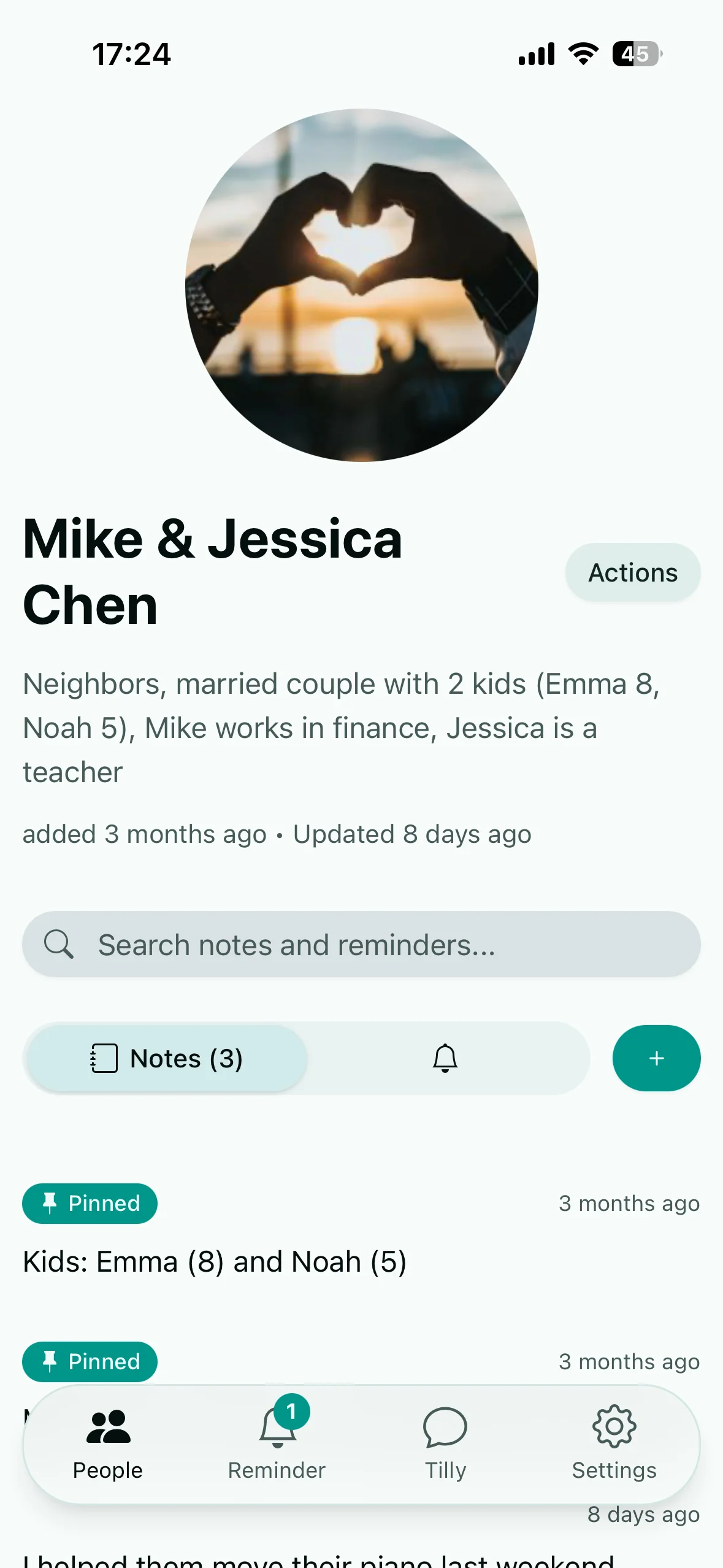 Phone showing Tilly person notes